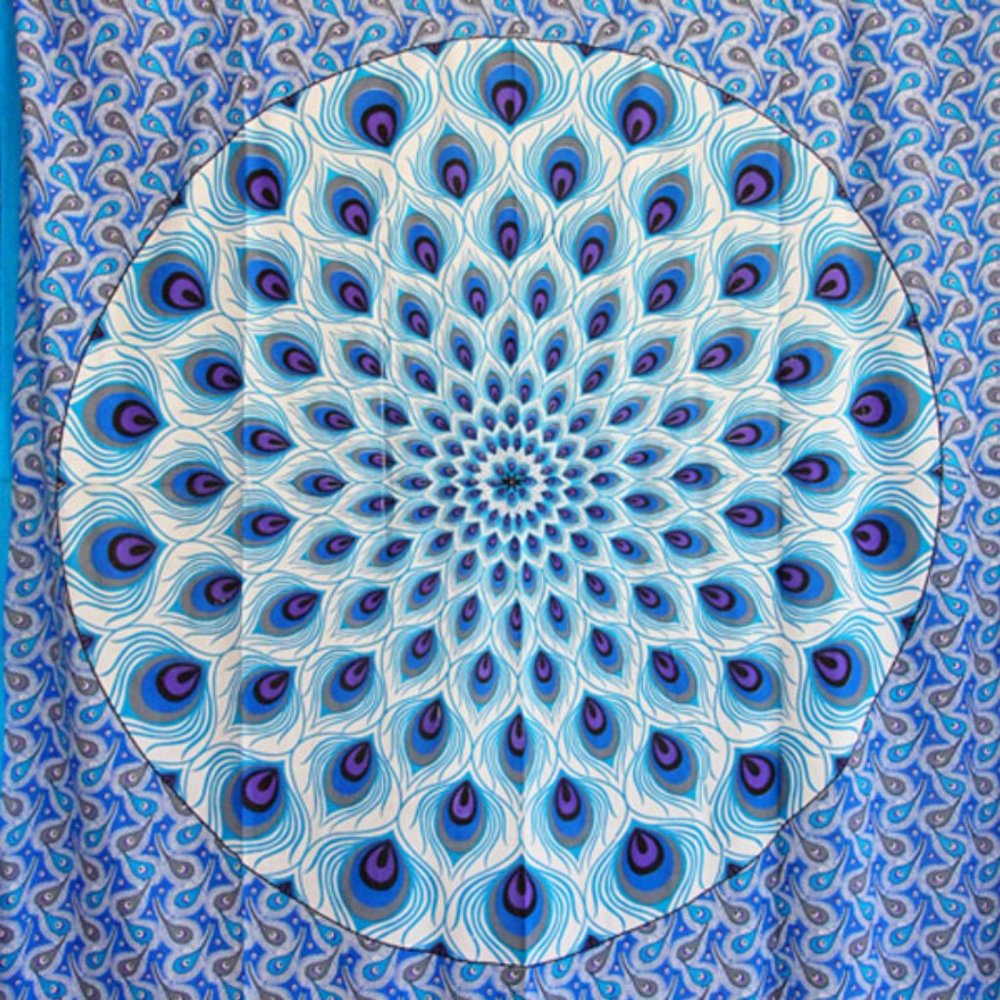 Blue Geometric Design Peacock Feathers Tapestry